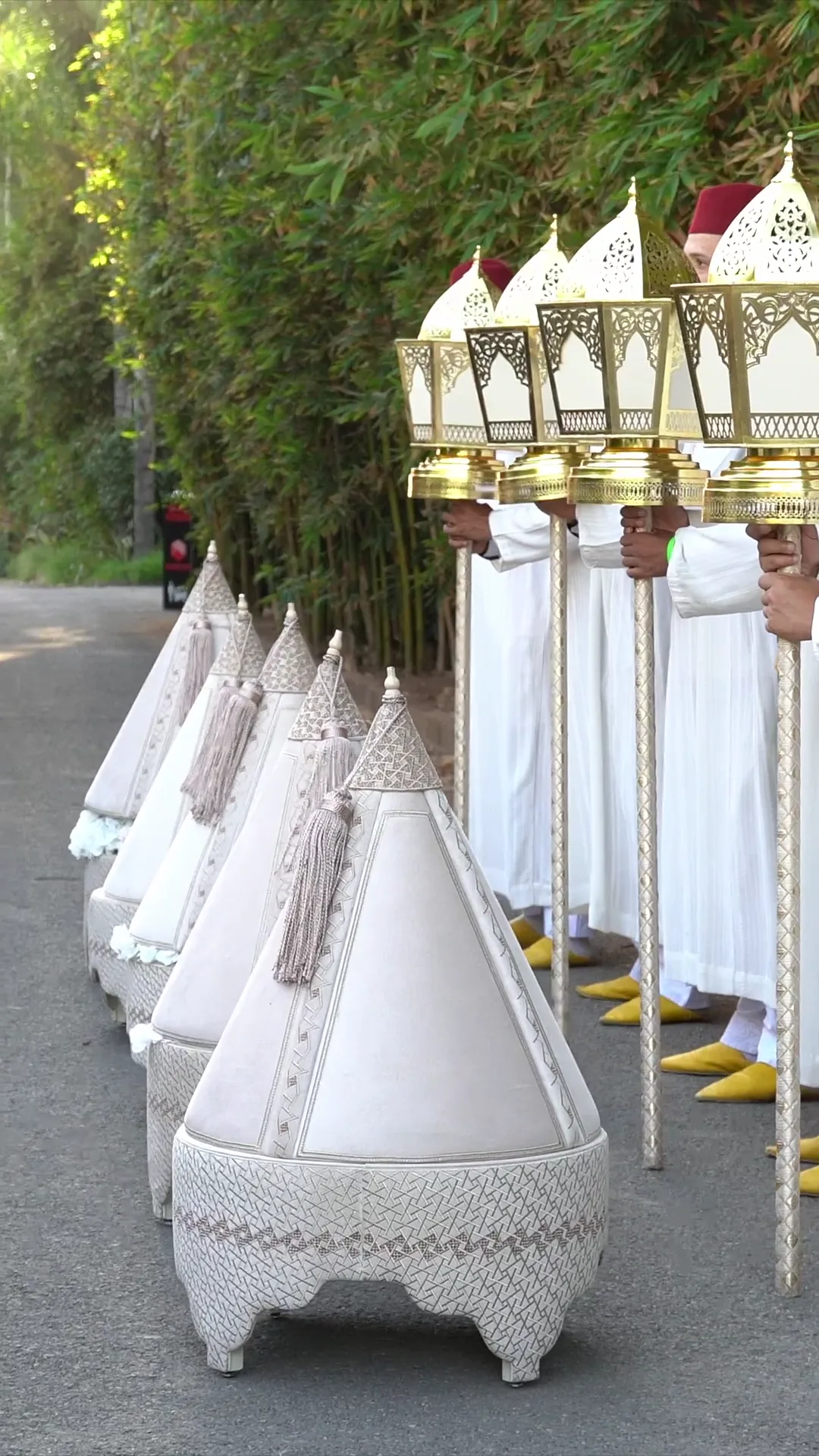 Tyafer ivoire aux bases tressées d’argent alignés dans une allée arborée